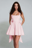 Simple Sky Blue Square Neck A Line Short Homecoming Dress with Bow