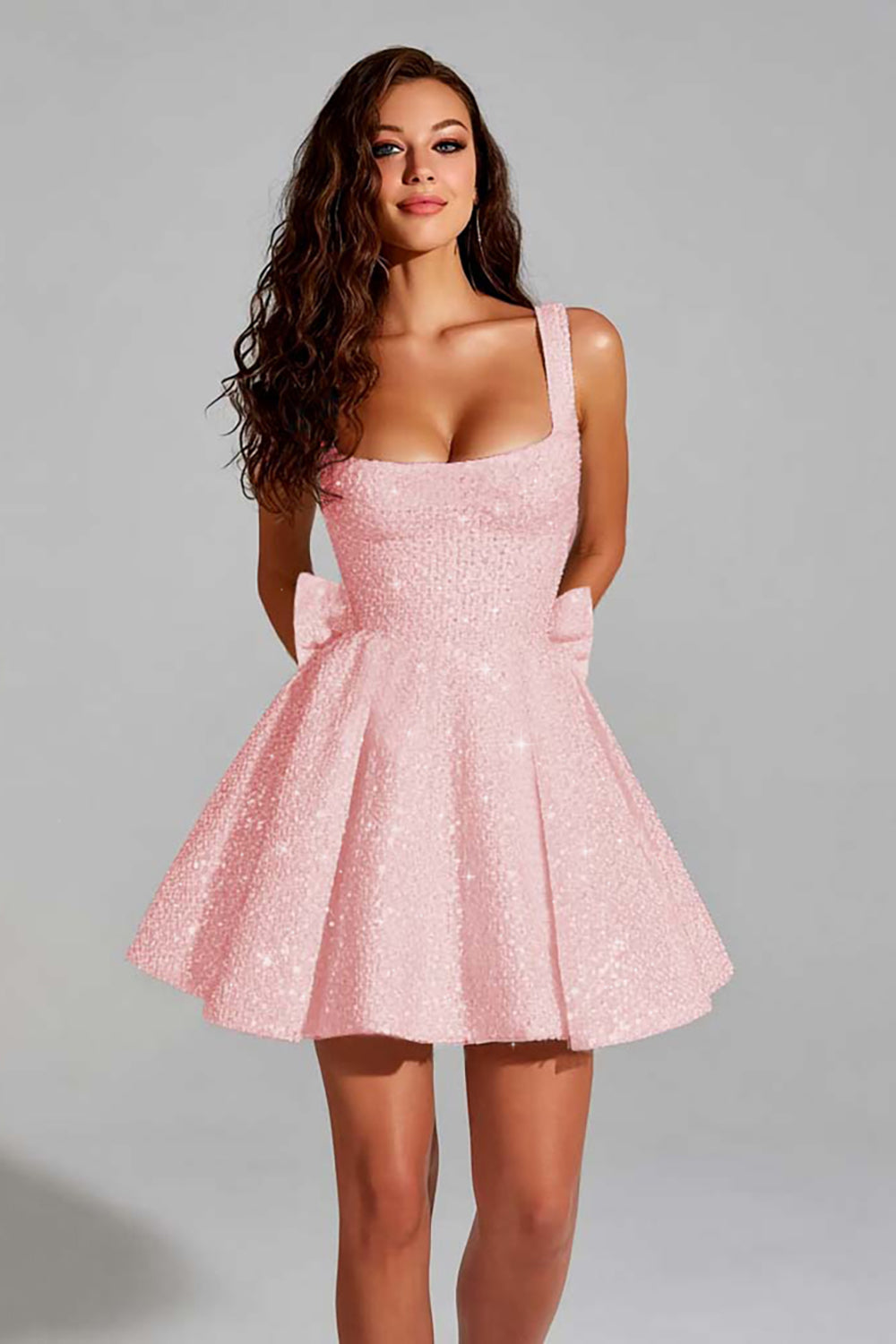 Sparkly Ivory Sequin Scoop A Line Short Homecoming Dress with Bow