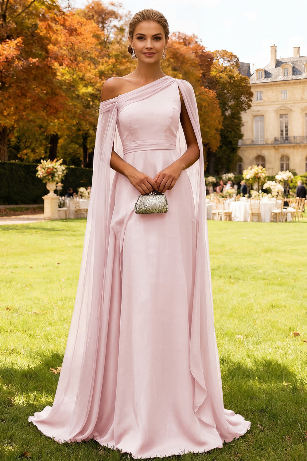 dark pink wedding guest dress Zapakasa Women Dark Green Chiffon Long Wedding Guest Dress with Cape One  Shoulder Sheath Formal Dress