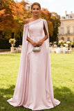 Dark Green One Shoulder Chiffon Long Wedding Guest Dress with Cape