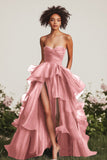 A Line Sweetheart Ruffled Navy Prom Dress with Front Slit