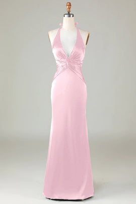 Elegant Blush Pink Satin Halter Mermaid Bridesmaid Dress Open Back Maxi Prom Dress