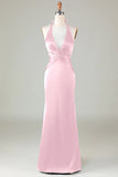 Elegant Blush Pink Satin Halter Mermaid Bridesmaid Dress Open Back Maxi Prom Dress