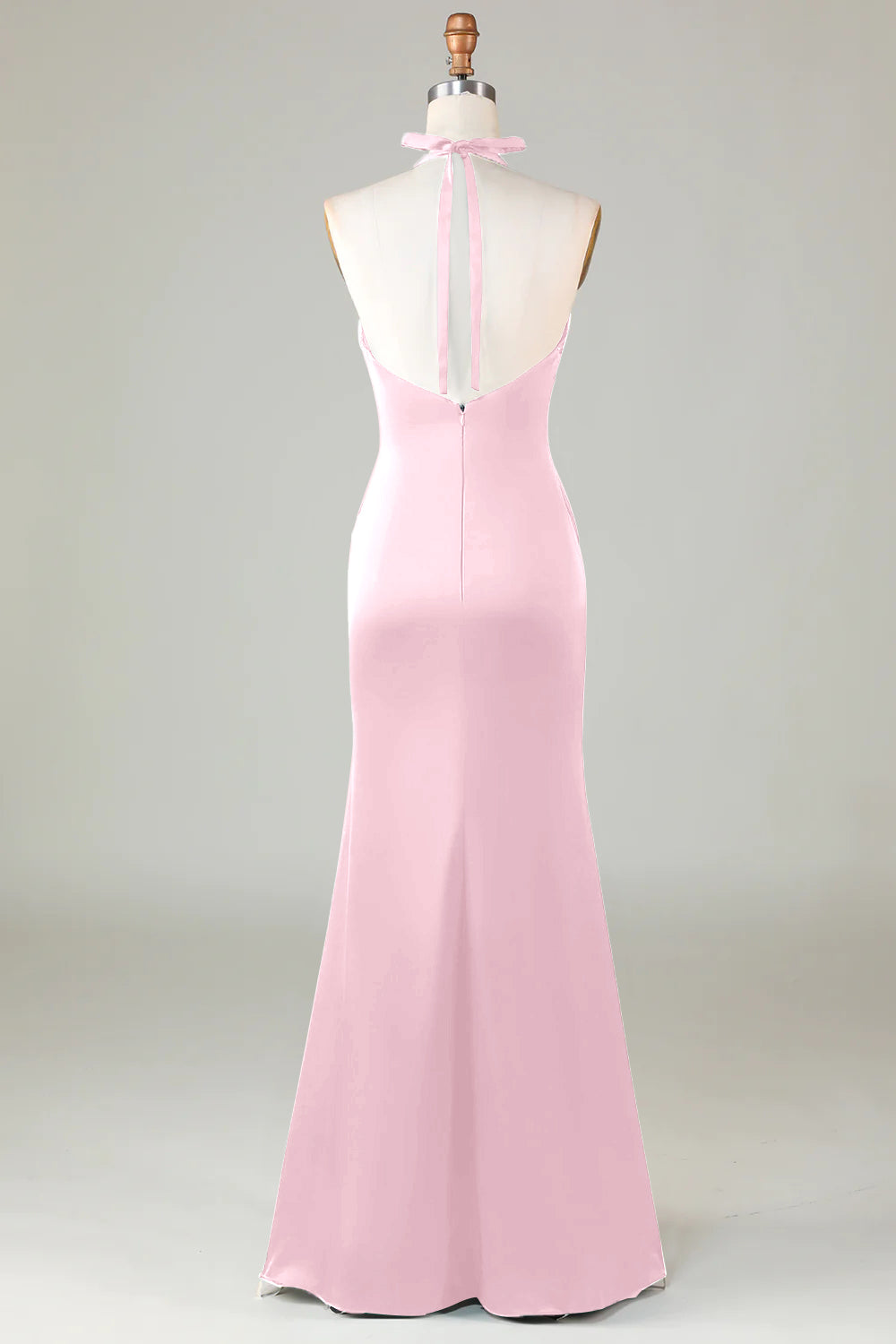 Taupe Sheath Halter Satin Long Bridesmaid Dress