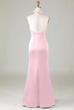 Taupe Sheath Halter Satin Long Bridesmaid Dress