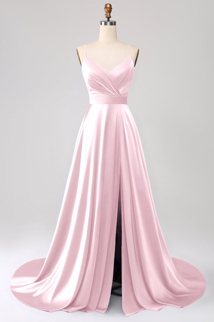 Spaghetti Straps Satin Black Prom Dress with Slit main image 0