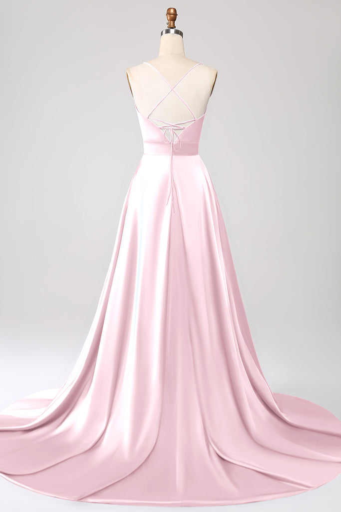 A Line Cross Criss Spaghetti Straps Satin Prom Dress with Slit LBQ4157 main image 1