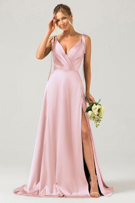 Royal Blue A-Line Spaghetti Straps Ruched Long Bridesmaid Dress with Slit