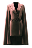 White Satin Peak Lapel Cape Short Work Blazer Dress with Belts