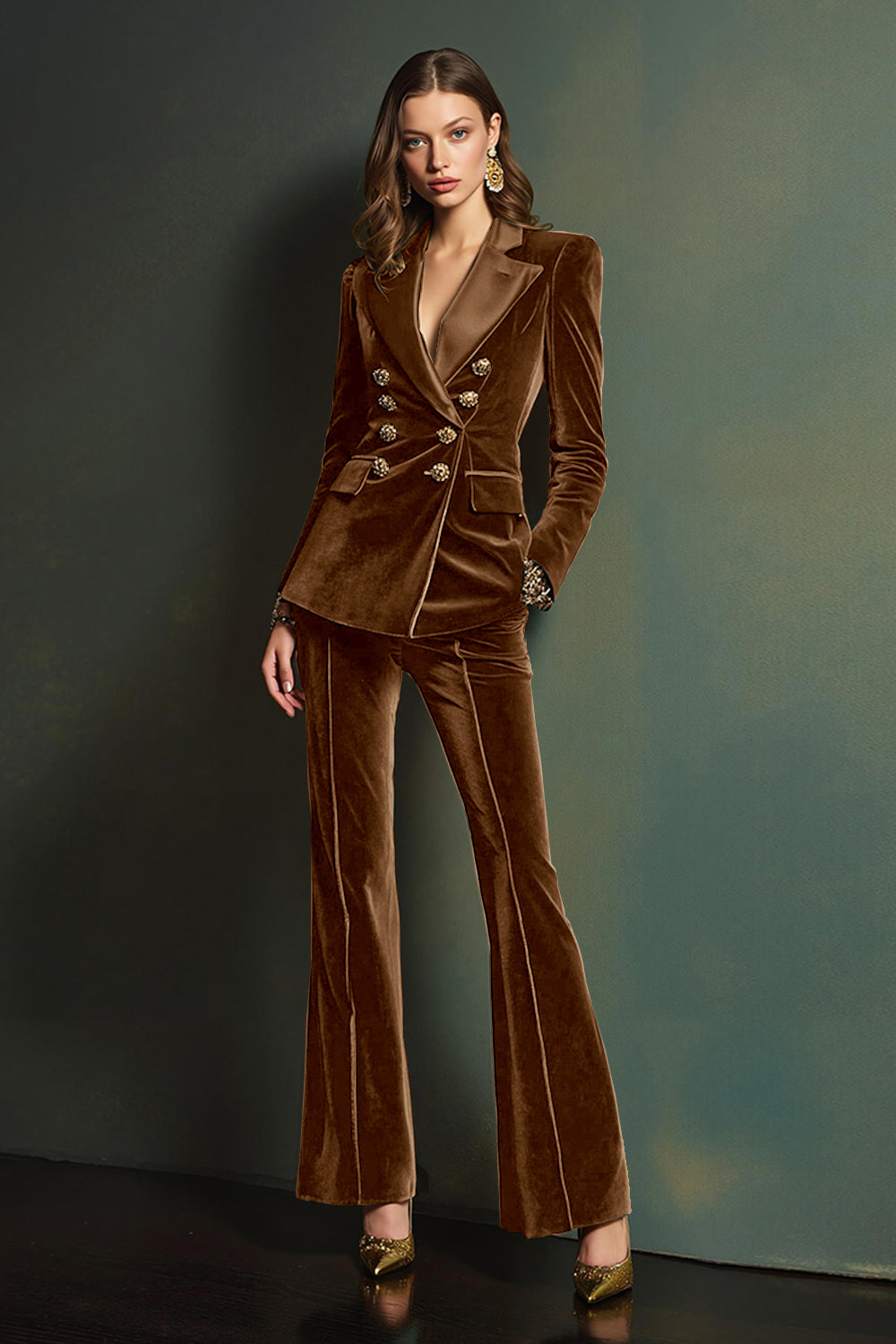 2 Piece Dark Green Velvet Double Breasted Women Prom Suits with Sleeves