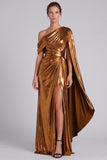 Gold Metallic One Shoulder Sheath Ruched Long Formal Dress with Slit