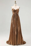 Chic Gold A Line Metallic Spaghetti Straps Pleated Long Prom Dress