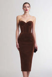 Burgundy Sheath Sweetheart Corset Midi Velvet Holiday Party Dress