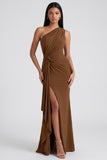 Ruched Long Mermaid Burgundy One Shoulder Formal Dress with Ruffles