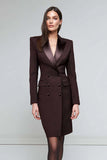 Black Satin Peak Lapel Pencil Short Blazer Dress with Sleeves