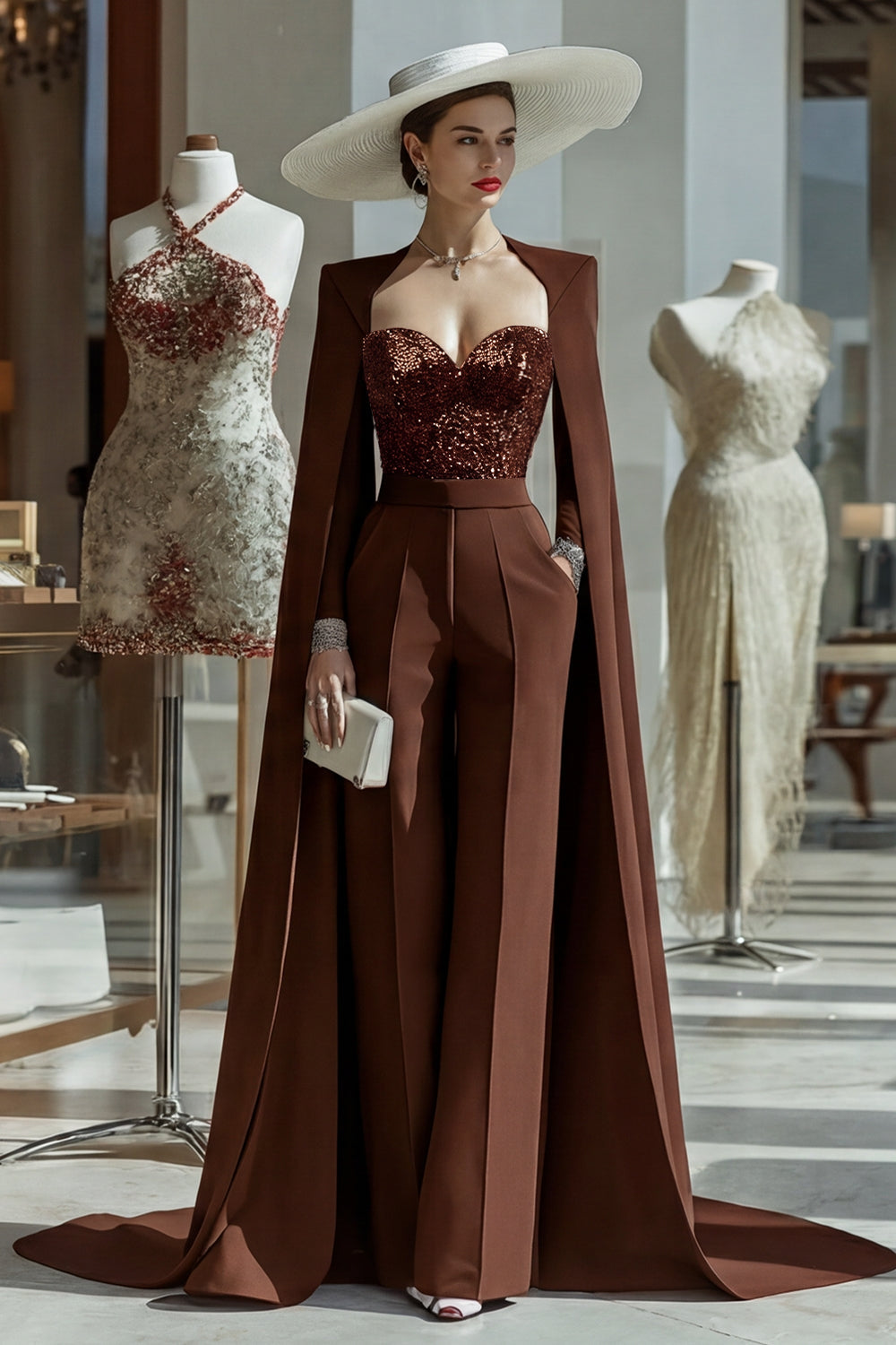 Cabernet Sparkly Long Sleeves Mother of the Bride Jumpsuits with Pockets