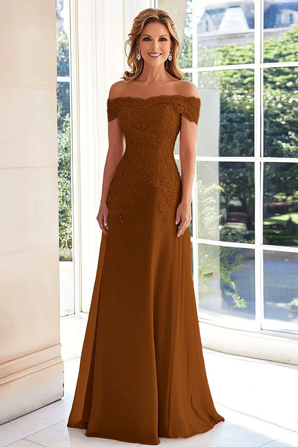 Taupe Off the Shoulder Chiffon Sheath Long Mother of the Bride Dress with Lace