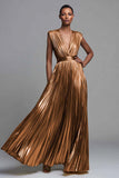Sparkly Gold Deep V-Neck Metallic Pleated A-Line Long Formal Dress
