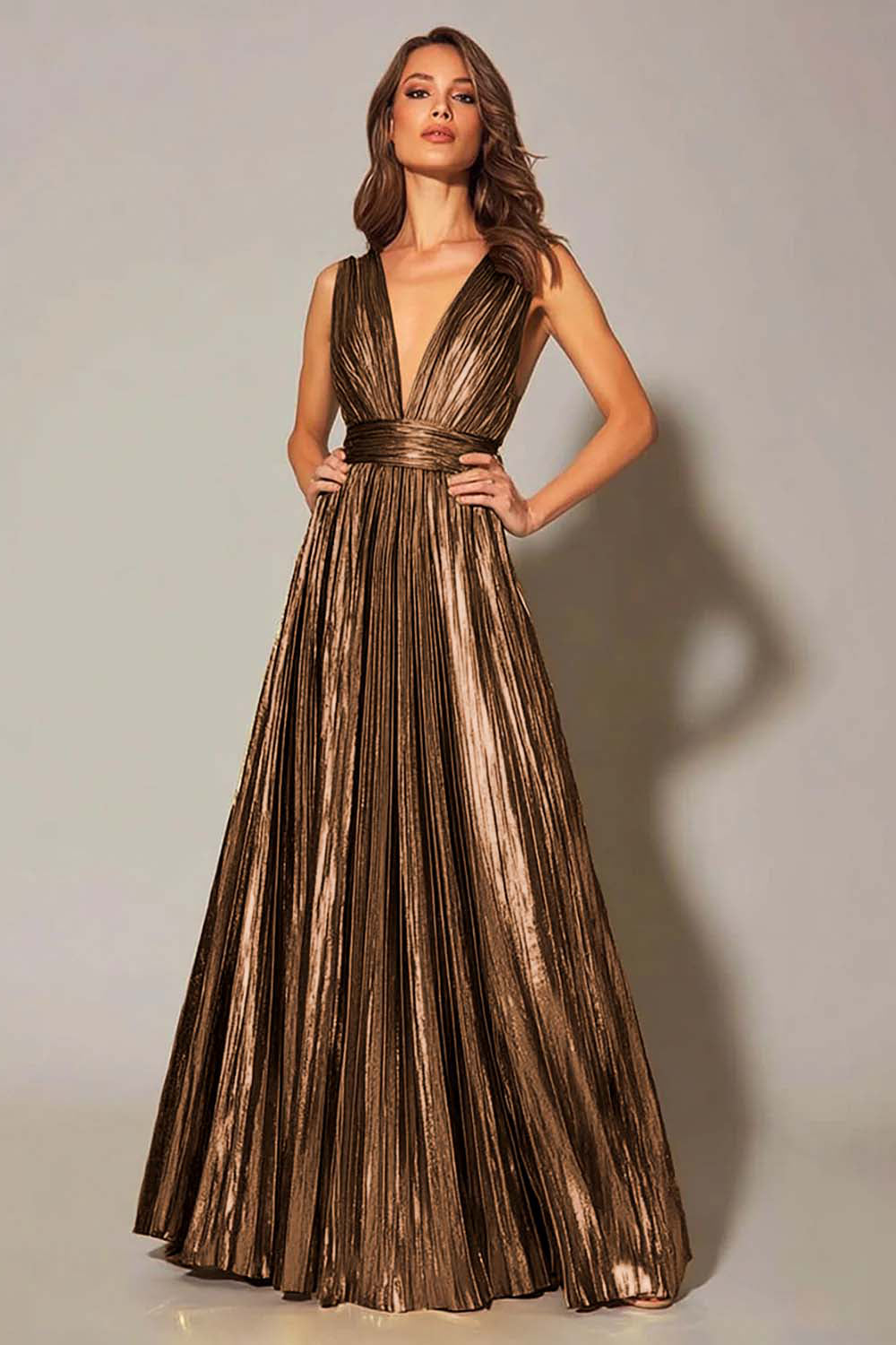 Sparkly Gold Metallic Pleated A-Line V-Neck Long Formal Dress