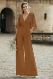 Ivory V-Neck Half Sleeves Long Wedding Jumpsuits with Pockets