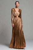 Sparkly Gold Metallic Long Formal Dress with Sleeves Pleated V-Neck A-Line Holiday Party Dress