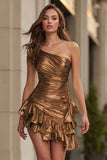 Gold One Shoulder Ruched Metallic Ruffled Bodycon Short Cocktail Dress