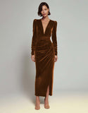 Olive Sheath Velvet Deep V-Neck Long Holiday Party Dress with Sleeves