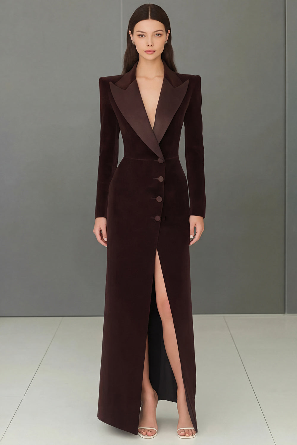 Navy Velvet Peak Lapel Single Breasted Long Blazer Dress with Slit