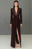 Navy Velvet Peak Lapel Single Breasted Long Blazer Dress with Slit