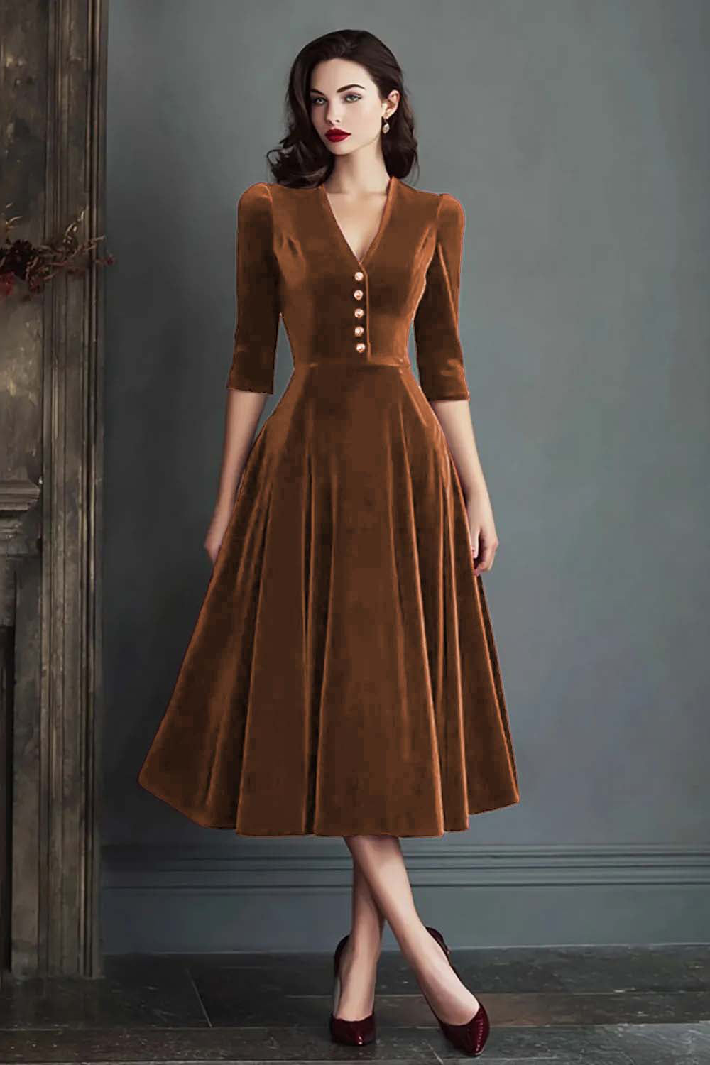 Burgundy V-Neck A Line Midi Velvet Holiday Party Dress