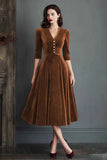 Burgundy V-Neck A Line Midi Velvet Holiday Party Dress