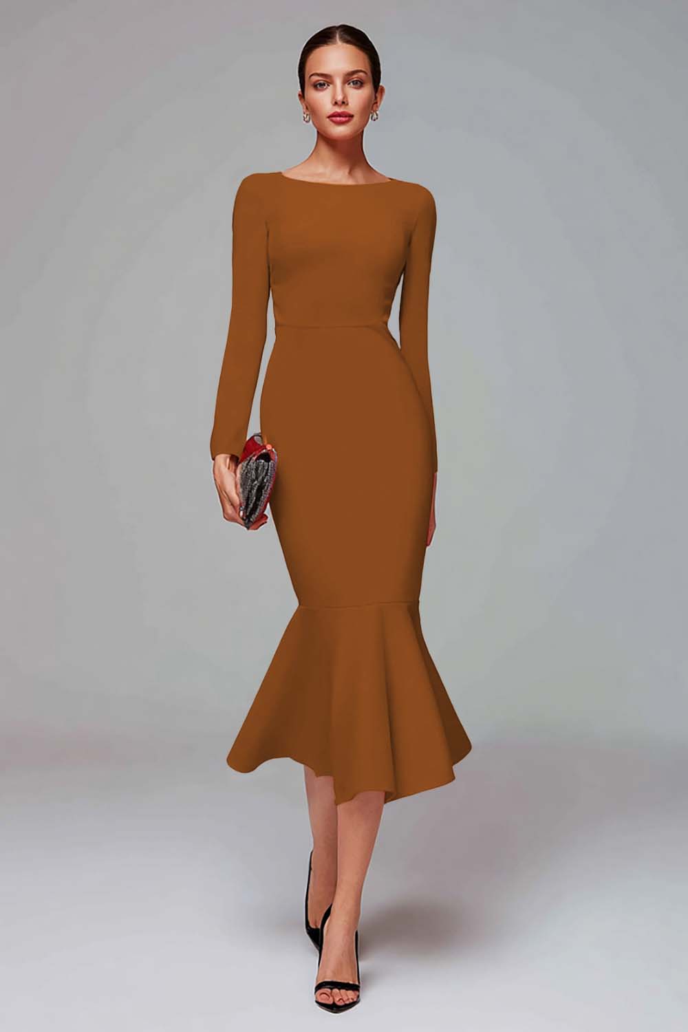 Red Mermaid Long Sleeves Midi Work Dress