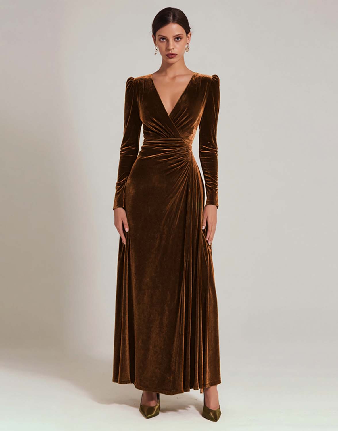 Zapakasa Women Olive Velvet Long Holiday Party Dress with Sleeves A Line V-Neck Evening Dress Zapakasa Women Olive Velvet Long Holiday Party Dress with Sleeves A Line V-Neck Evening Dress