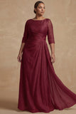 Dusty Sage Bateau Neck A Line Long Mother of the Bride Dress with Sleeves