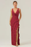 Lime Deep V Neck Ruffles Long Bridesmaid Dress with Slit