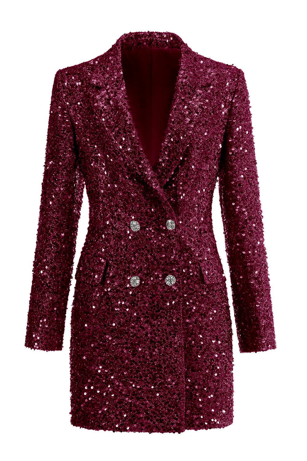 ZAPAKA Sparkly Fuchsia Notched Long Women's Blazer Double Breasted Women's Jacket, Burgundy / S