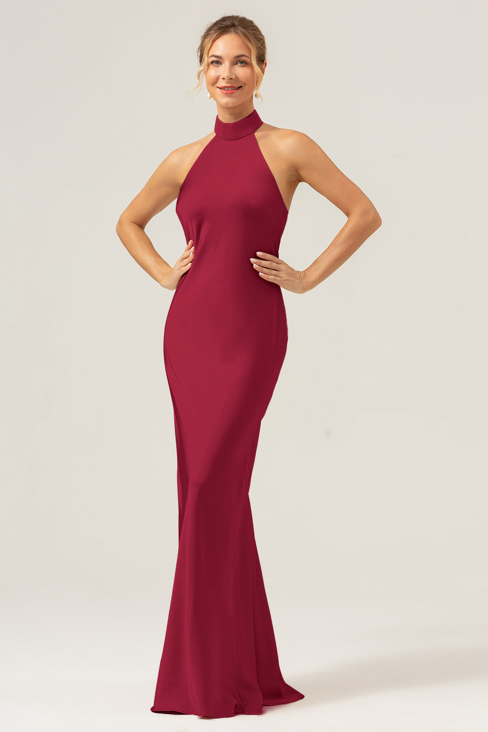 Zapaka Women Dark Green Bridesmaid Dress With Slit Sheath Halter Long Formal Dress, Burgundy / US2