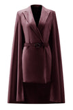 White Satin Peak Lapel Cape Short Work Blazer Dress with Belts