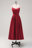 Blush Pink A-Line Ruched Spaghetti Straps Tea Length Bridesmaid Dress