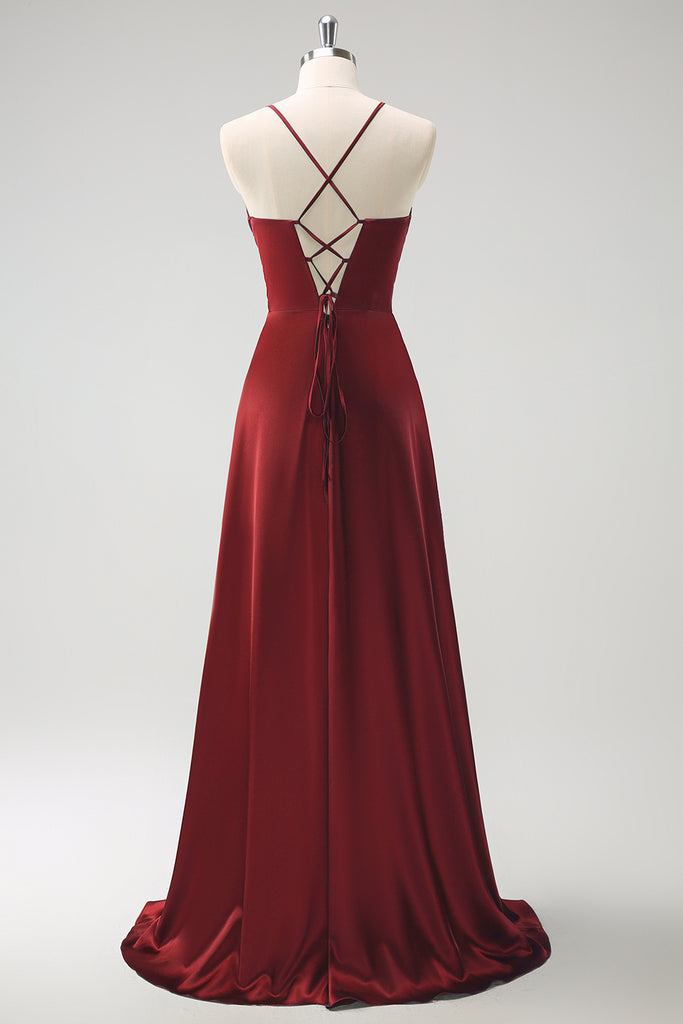 Lace-Up Back Burgundy Long Bridesmaid Dress with Slit