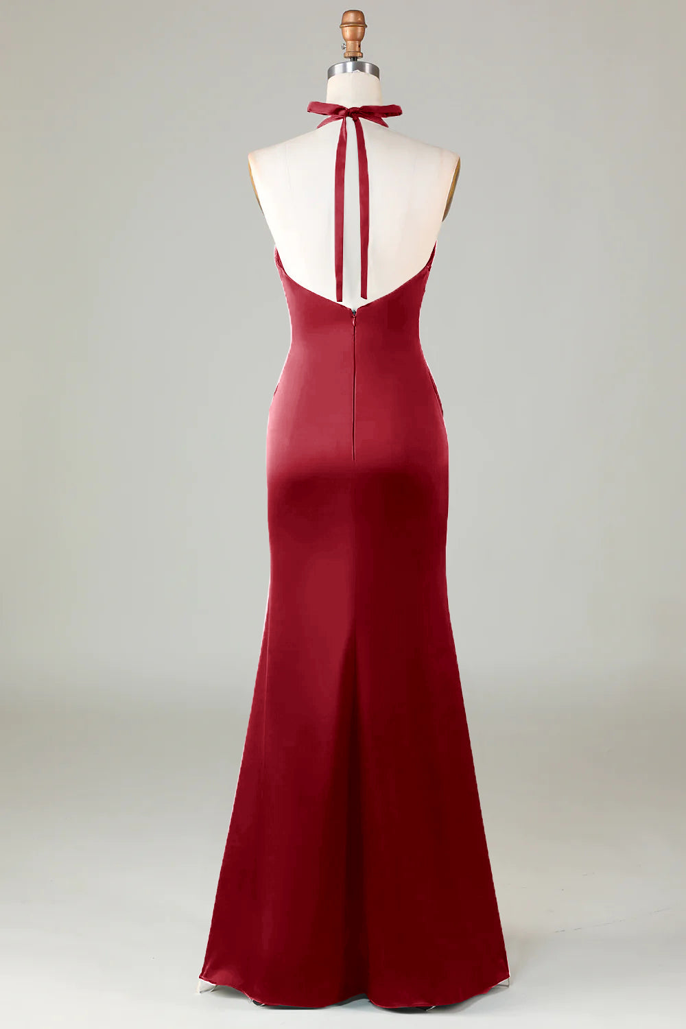 Taupe Sheath Halter Satin Long Bridesmaid Dress