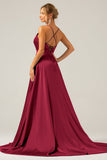 A Line Spaghetti Straps Dusty Rose Satin Prom Dress with Slit