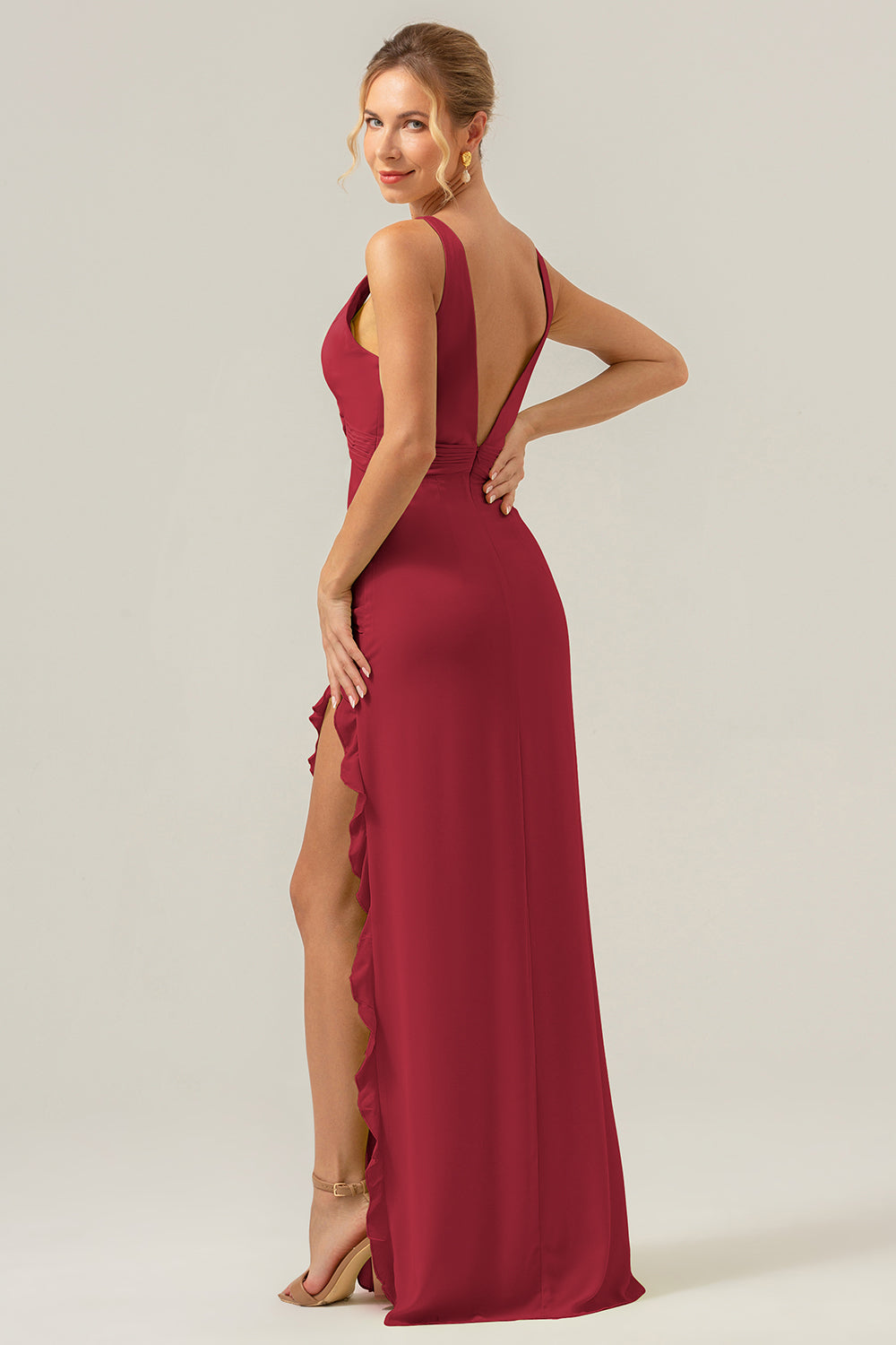 Lime Deep V Neck Ruffles Long Bridesmaid Dress with Slit