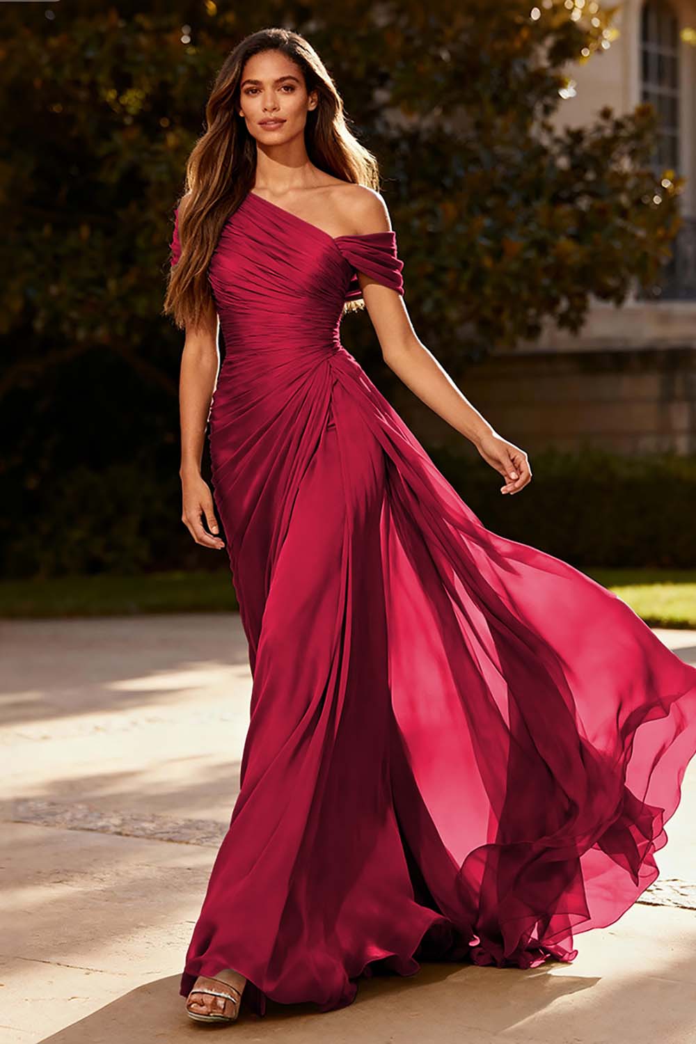 Dusty Sage Chiffon A Line Ruched Long Formal Dress with Side Cape