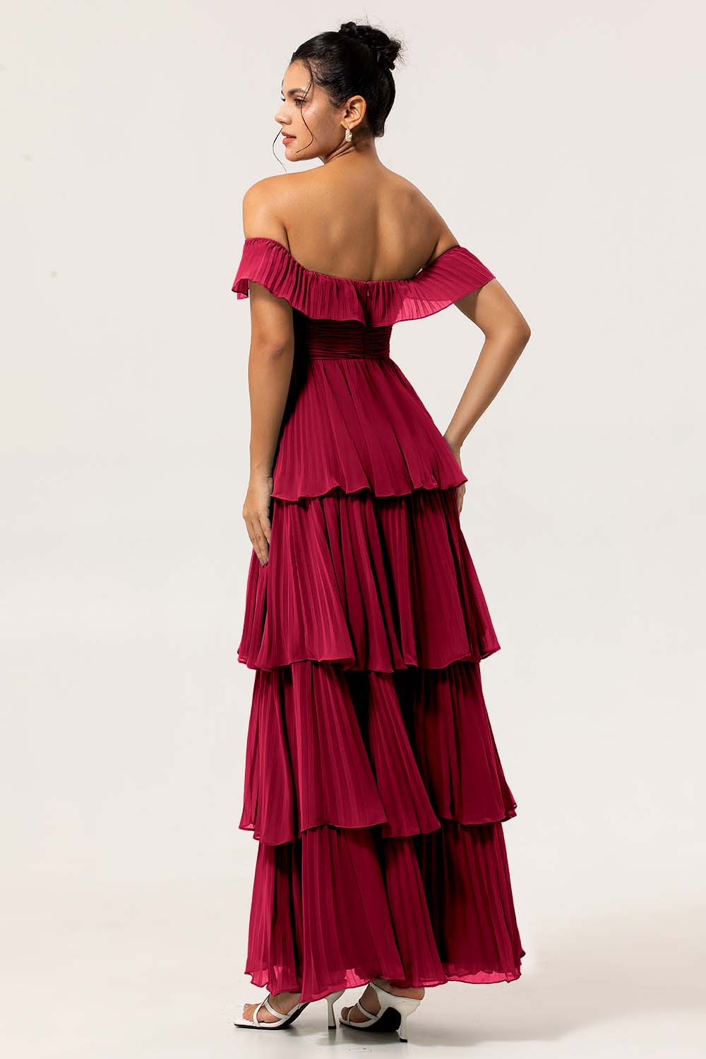 Eucalyptus Off The Shoulder Pleated Long Tiered Bridesmaid Dress