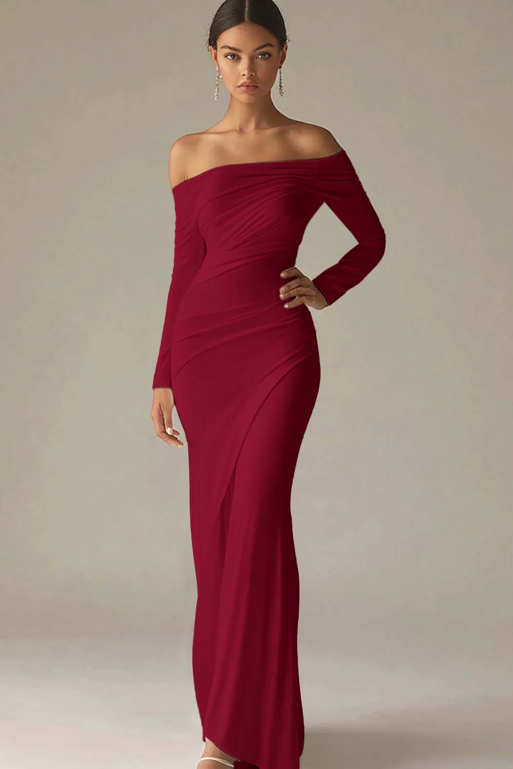 White Sheath Long Off the Shoulder Rehearsal Dinner Dress with Sleeves