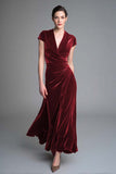 Caramel Velvet Ruched V Neck Long Holiday Party Dress with Sleeves