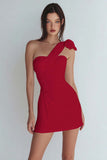 Ivory One Shoulder Satin Ruched Short Tight Graduation Dress with Bow
