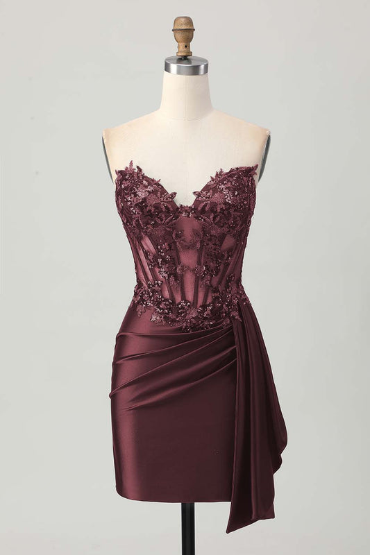 Zapakasa Women Sparkly Burgundy Corset Short Homecoming Dress with Sweetheart Satin Side Cape Tight Cocktail Dress with Sequins