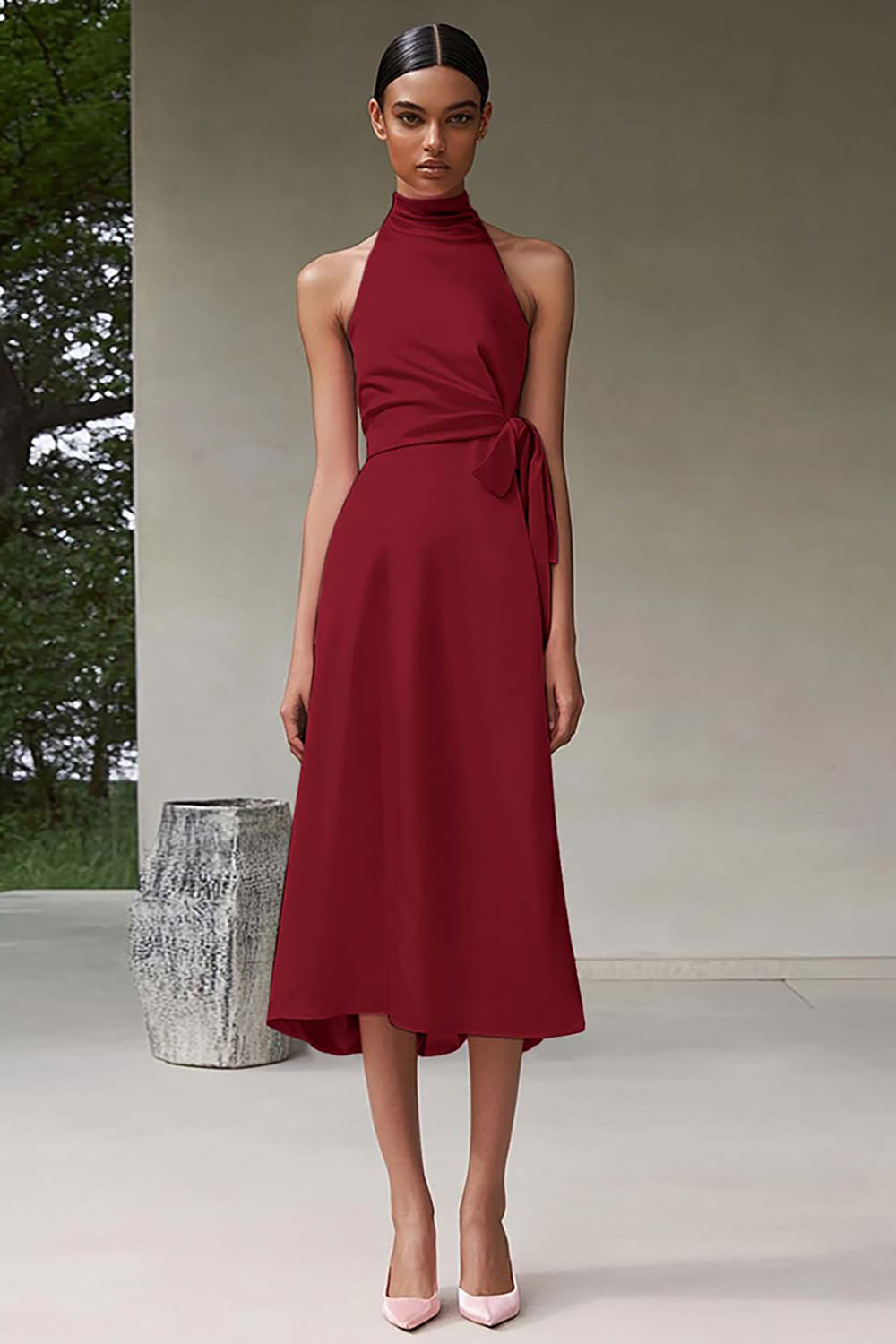 Pink Satin A Line Halter Knee-Length Formal Dress